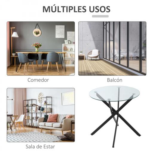 Mesa de Comedor Redonda con Encimera de Cristal Templado Transparente y Patas Cruzadas de Metal Mesa de Centro Moderna para Salón Ø80x75 cm Negroo [2]