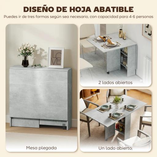 Mesa de Cocina Plegable con Ruedas 2 Estantes de Almacenaje y 2 Alas Abatibles Estilo Moderno 75x140x74 cm Gris Cemento [6]