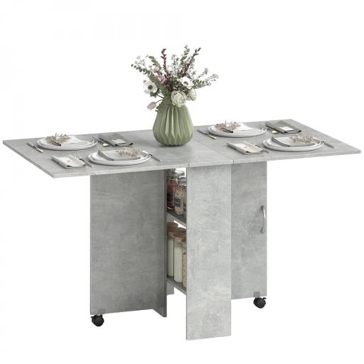 Mesa de Cocina Plegable con Ruedas 2 Estantes de Almacenaje y 2 Alas Abatibles Estilo Moderno 75x140x74 cm Gris Cemento [9]