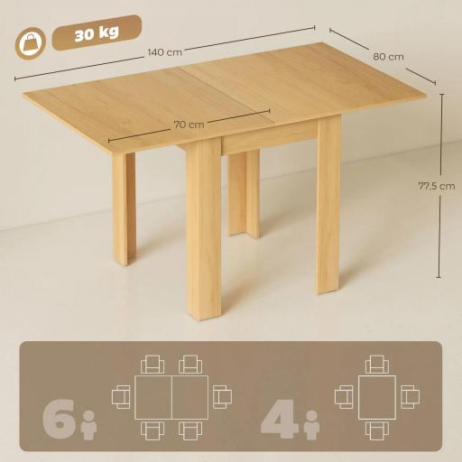 Mesa de Comedor Extensible 70-140x80 cm para 4-6 Personas con Tirador de PU y Almohadillas de Fieltro Natural [1]