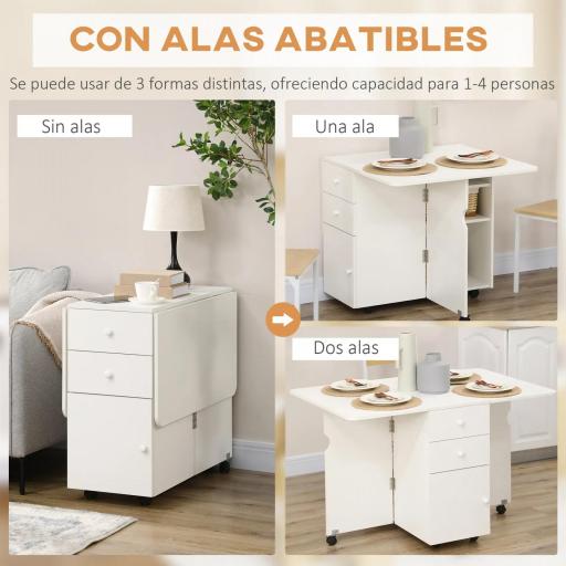 Mesa de Comedor Plegable Alas Abatibles con Ruedas y 2 Cajones Mesa de Cocina Pequeña Estilo Moderno 120x80x75 cm Blanco [2]