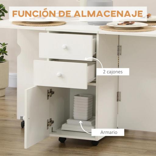 Mesa de Comedor Plegable Alas Abatibles con Ruedas y 2 Cajones Mesa de Cocina Pequeña Estilo Moderno 120x80x75 cm Blanco [7]