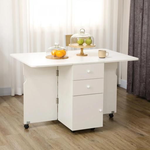 Mesa de Comedor Plegable Alas Abatibles con Ruedas y 2 Cajones Mesa de Cocina Pequeña Estilo Moderno 120x80x75 cm Blanco [5]