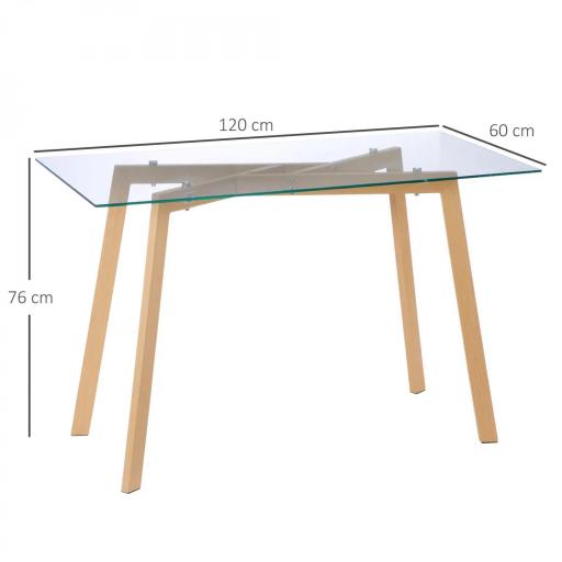 Mesa de Comedor para 4 Personas con Encimera de Cristal y Patas de Acero Efecto Madera 120x60x76 cm Transparente [1]