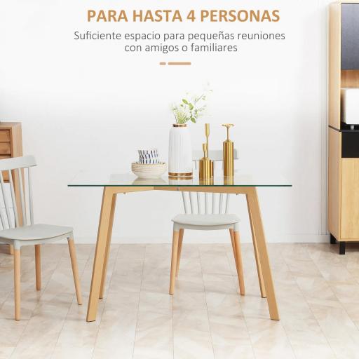 Mesa de Comedor para 4 Personas con Encimera de Cristal y Patas de Acero Efecto Madera 120x60x76 cm Transparente [2]