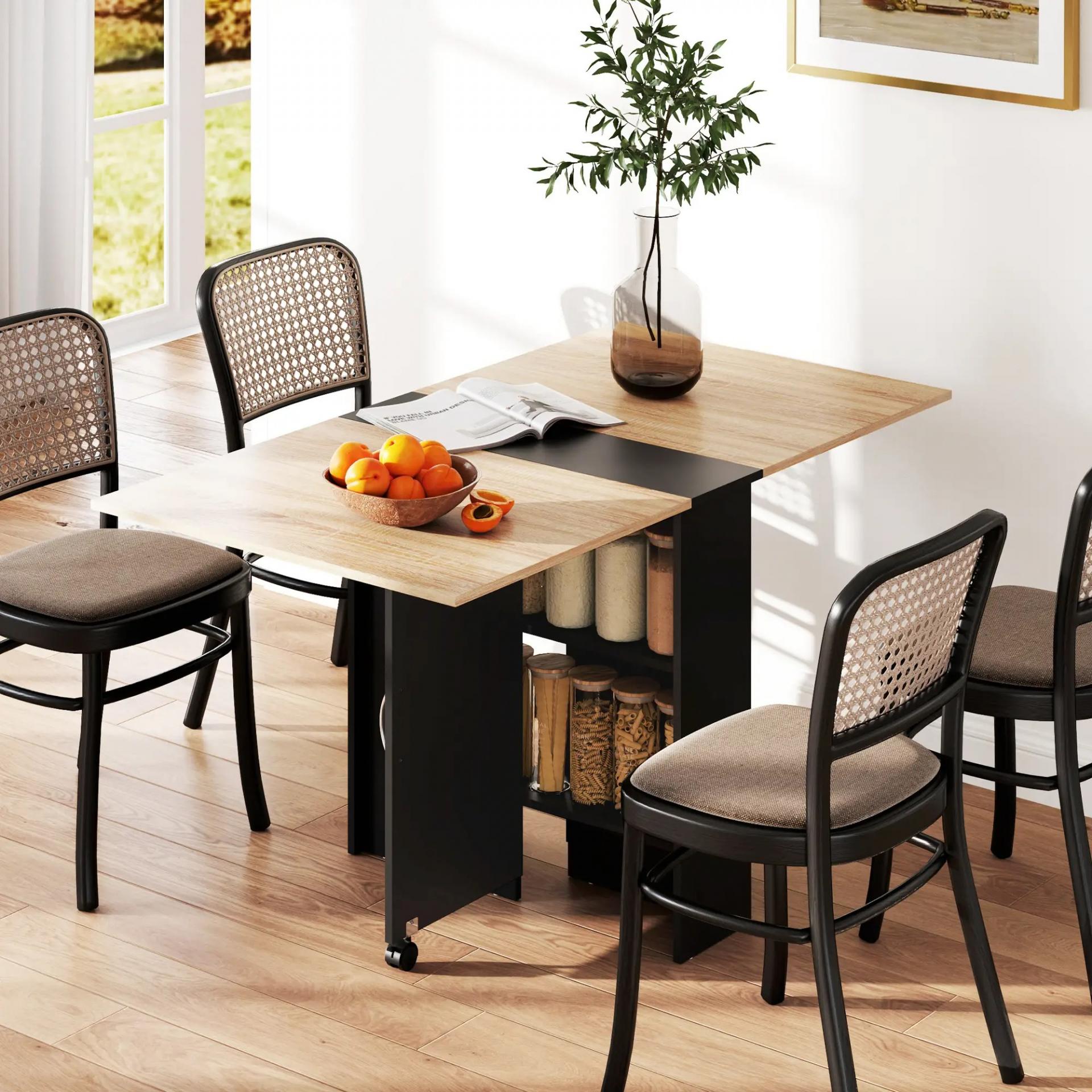 Mesa de Cocina Plegable con Ruedas 2 Estantes de Almacenaje y 2 Alas Abatibles Estilo Moderno 75x140x74 cm Natural