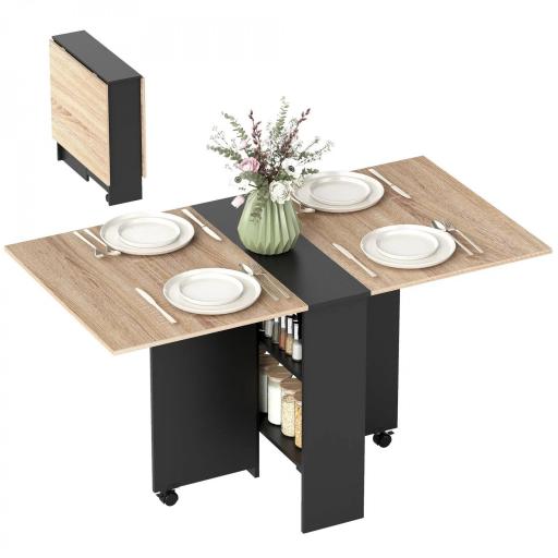 Mesa de Cocina Plegable con Ruedas 2 Estantes de Almacenaje y 2 Alas Abatibles Estilo Moderno 75x140x74 cm Natural [8]