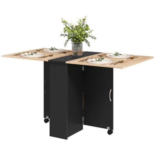 Mesa de Cocina Plegable con Ruedas 2 Estantes de Almacenaje y 2 Alas Abatibles Estilo Moderno 75x140x74 cm Natural [9]