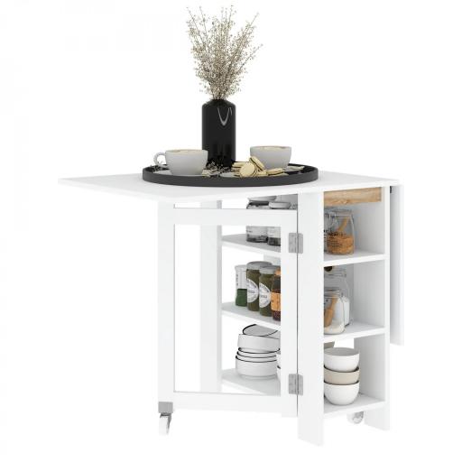 Mesa de Cocina Plegable con Alas Abatibles 2 Ruedas y Estantes Estilo Moderno 120x60x75 cm Blanco [9]