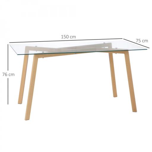 Mesa de Comedor para 6 Personas con Encimera de Cristal y Patas de Acero Efecto Madera 150x75x76 cm Transparente [1]