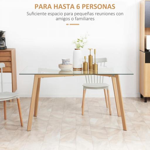 Mesa de Comedor para 6 Personas con Encimera de Cristal y Patas de Acero Efecto Madera 150x75x76 cm Transparente [7]