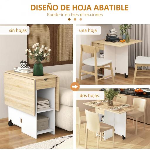 Mesa de Cocina Plegable con Ruedas Alas Abatibles Cajón y Estantes para 2-4 Personas 120x72x75 cm Roble y Blanco [3]