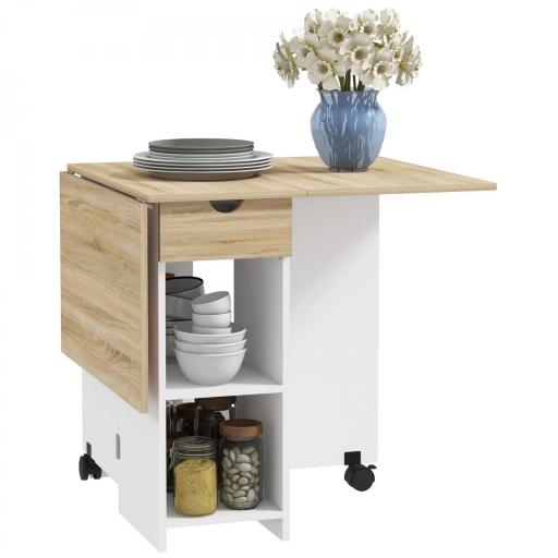 Mesa de Cocina Plegable con Ruedas Alas Abatibles Cajón y Estantes para 2-4 Personas 120x72x75 cm Roble y Blanco [9]