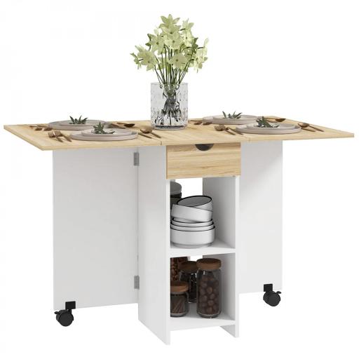 Mesa de Cocina Plegable con Ruedas Alas Abatibles Cajón y Estantes para 2-4 Personas 120x72x75 cm Roble y Blanco [11]