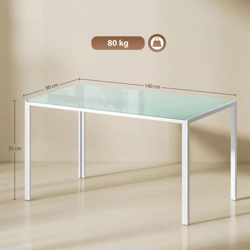 Mesa de Comedor de Cristal Rectangular para 6 Personas con Patas de Metal para Cocina Salón 140x80x75 cm Blanco [1]