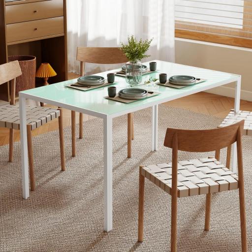 Mesa de Comedor de Cristal Rectangular para 6 Personas con Patas de Metal para Cocina Salón 140x80x75 cm Blanco [7]