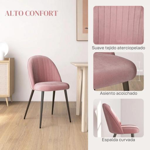 Pack de 4 Sillas de Comedor Modernas Sillas de Cocina Tapizada en Terciopelo con Respaldo Alto 50x52x83 cm Rosa Palo [3]