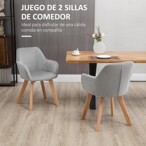 Juego de 2 Sillas de Comedor Modernas Tapizadas en Terciopelo con Patas de Madera para Salón 54x57x80 cm Gris [3]