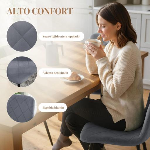 Juego de 4 Sillas de Comedor Tapizadas en Terciopelo con Patas de Acero para Salón 45x54x87 cm Gris [4]