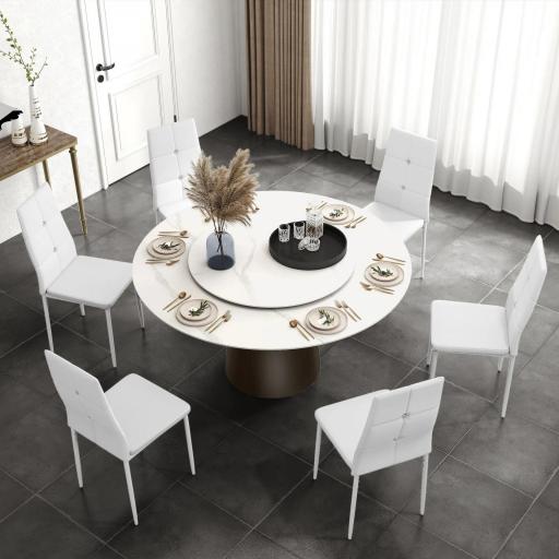 Juego de 6 Sillas de Comedor Tapizada en PU con Respaldo Alto con Botones y Patas de Acero Diseño Moderno Blanco