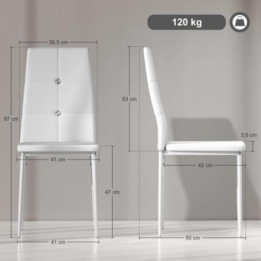 Juego de 6 Sillas de Comedor Tapizada en PU con Respaldo Alto con Botones y Patas de Acero Diseño Moderno Blanco [1]