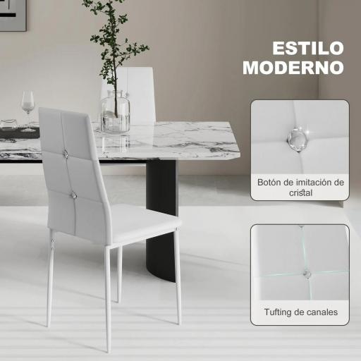 Juego de 6 Sillas de Comedor Tapizada en PU con Respaldo Alto con Botones y Patas de Acero Diseño Moderno Blanco [3]