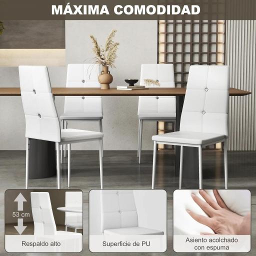 Juego de 6 Sillas de Comedor Tapizada en PU con Respaldo Alto con Botones y Patas de Acero Diseño Moderno Blanco [2]
