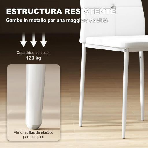 Juego de 6 Sillas de Comedor Tapizada en PU con Respaldo Alto con Botones y Patas de Acero Diseño Moderno Blanco [4]