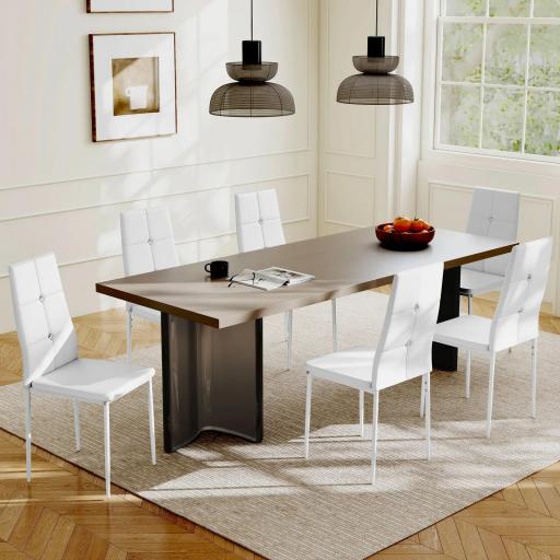 Juego de 6 Sillas de Comedor Tapizada en PU con Respaldo Alto con Botones y Patas de Acero Diseño Moderno Blanco [5]