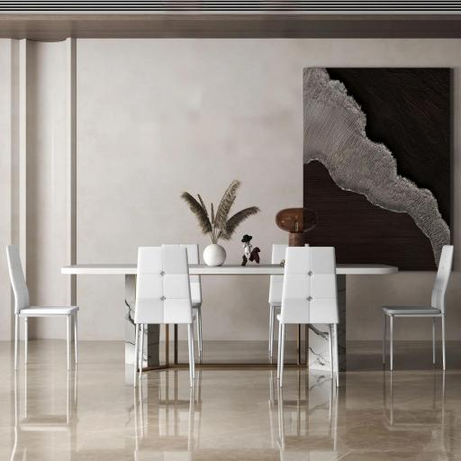 Juego de 6 Sillas de Comedor Tapizada en PU con Respaldo Alto con Botones y Patas de Acero Diseño Moderno Blanco [6]