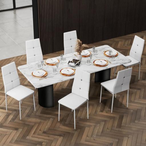 Juego de 6 Sillas de Comedor Tapizada en PU con Respaldo Alto con Botones y Patas de Acero Diseño Moderno Blanco [7]