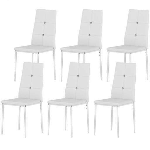 Juego de 6 Sillas de Comedor Tapizada en PU con Respaldo Alto con Botones y Patas de Acero Diseño Moderno Blanco [9]