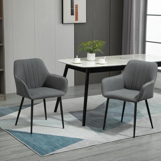 Pack de 2 Sillas de Cocina con Respaldo Reposabrazos y Patas de Metal para Salón 59,5x56,5x81 cm Gris Oscuro