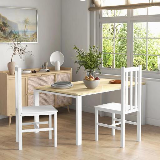 Juego de 2 Sillas de Comedor con Respaldo Alto de Listones y Estructura en Madera de Pino 38,5x47,5x99 cm Blanco