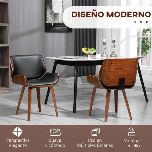 Pack de 2 Sillas de Comedor con Patas de Madera Tapizadas en Cuero Sintético Respaldo Curvado 53x54x81 cm Negro [2]