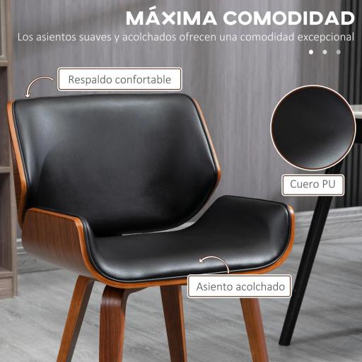 Pack de 2 Sillas de Comedor con Patas de Madera Tapizadas en Cuero Sintético Respaldo Curvado 53x54x81 cm Negro [6]