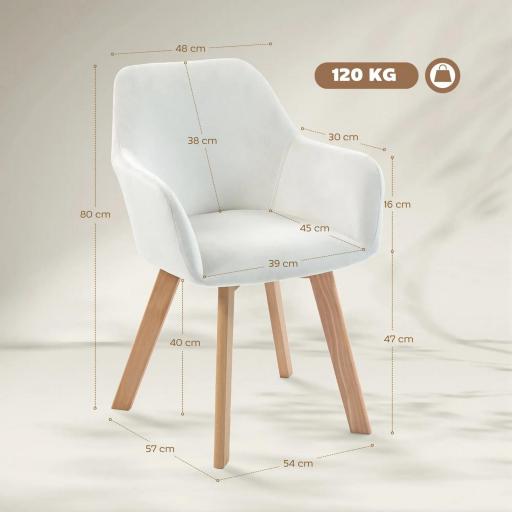 Juego de 2 Sillas de Comedor Modernas Tapizadas en Terciopelo con Patas de Madera para Salón 54x57x80 cm Crema [1]