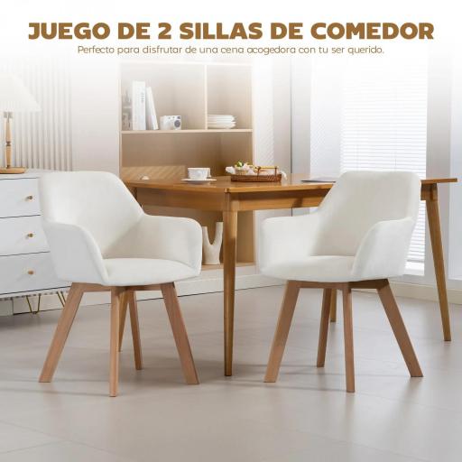 Juego de 2 Sillas de Comedor Modernas Tapizadas en Terciopelo con Patas de Madera para Salón 54x57x80 cm Crema [6]