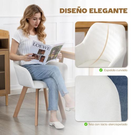 Juego de 2 Sillas de Comedor Modernas Tapizadas en Terciopelo con Patas de Madera para Salón 54x57x80 cm Crema [2]