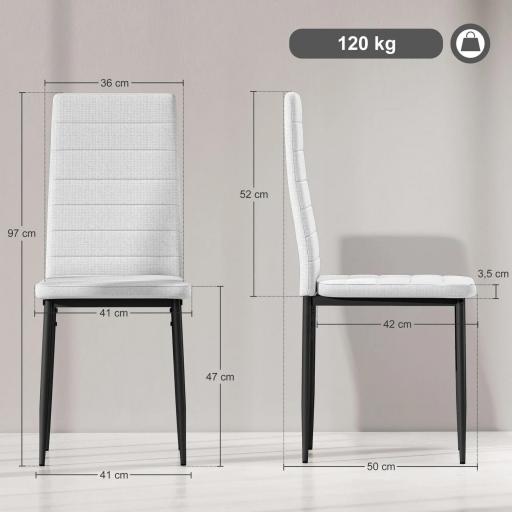 Pack de 6 Sillas de Comedor Modernas Tapizadas en Lino Sintético con Respaldo Alto y Patas de Metal 41x50x97 cm Blanco [1]