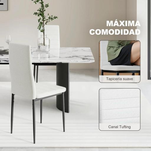 Pack de 6 Sillas de Comedor Modernas Tapizadas en Lino Sintético con Respaldo Alto y Patas de Metal 41x50x97 cm Blanco [2]