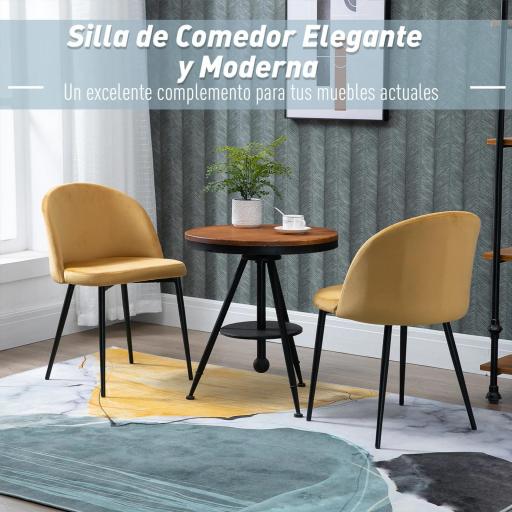 Pack de 2 Sillas de Comedor Tapizadas en Terciopelo con Respaldo Acolchados Patas de Metal Carga 90 kg 49x50x77 cm Camel  [2]