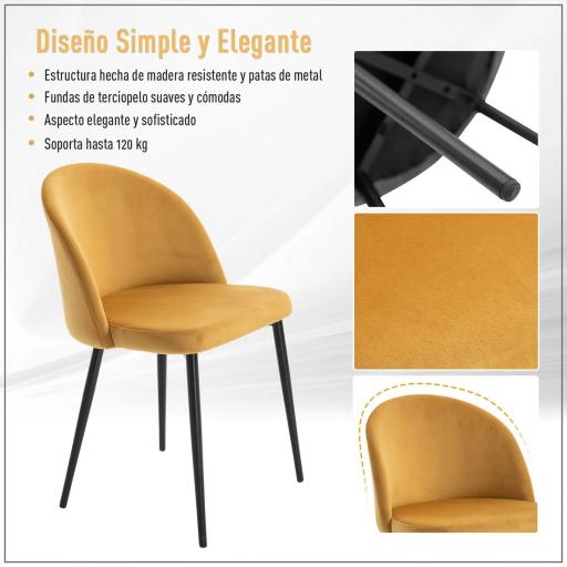 Pack de 2 Sillas de Comedor Tapizadas en Terciopelo con Respaldo Acolchados Patas de Metal Carga 90 kg 49x50x77 cm Camel  [5]