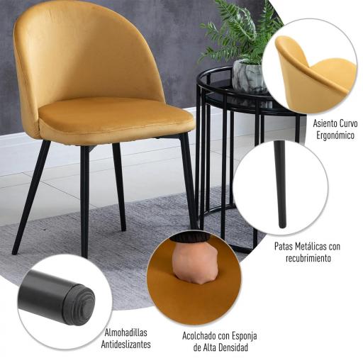 Pack de 2 Sillas de Comedor Tapizadas en Terciopelo con Respaldo Acolchados Patas de Metal Carga 90 kg 49x50x77 cm Camel  [3]