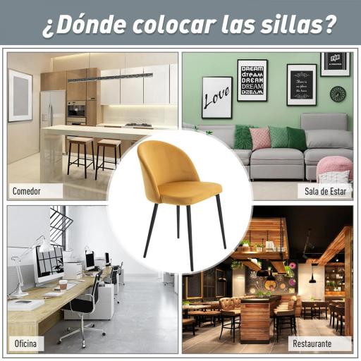 Pack de 2 Sillas de Comedor Tapizadas en Terciopelo con Respaldo Acolchados Patas de Metal Carga 90 kg 49x50x77 cm Camel  [4]