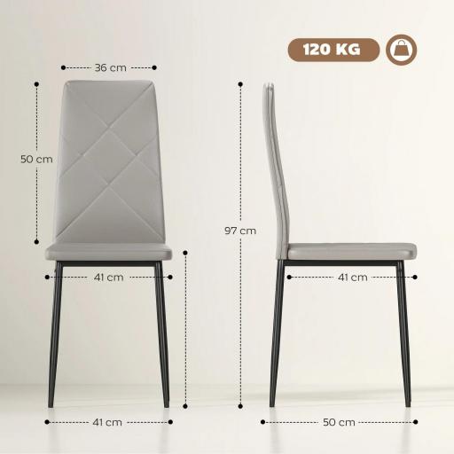 Set de 4 Sillas de Comedor Tapizadas de Piel Sintética con Respaldo Alto y Patas de Metal 41x50x97 cm Gris [1]