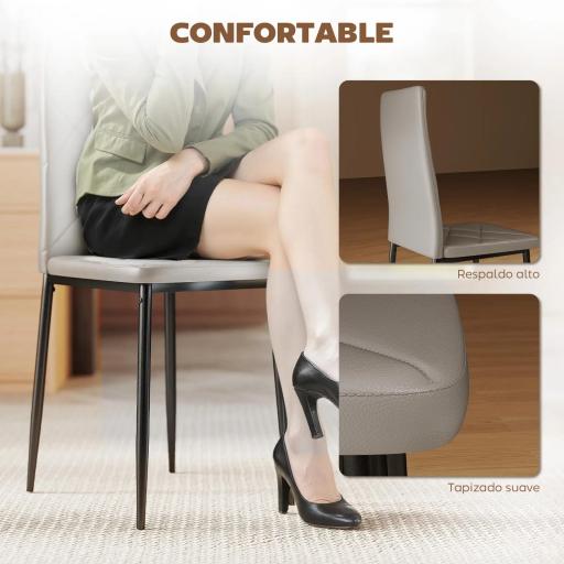 Set de 4 Sillas de Comedor Tapizadas de Piel Sintética con Respaldo Alto y Patas de Metal 41x50x97 cm Gris [5]