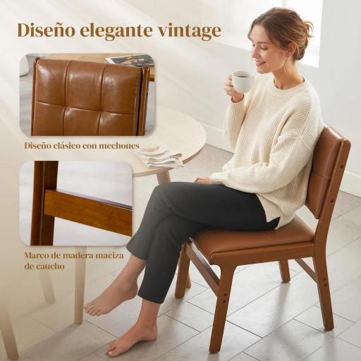 Pack de 2 Sillas de Comedor Tapizadas en PU Asiento Acolchado Patas de Madera para Salón Marrón [2]