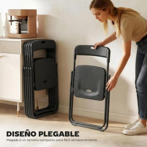Juego de 6 Sillas Plegables de Plástico con Respaldo Curvo Diseño Ventilación Estructura de Acero 48,5x47x75 cm Negro [4]
