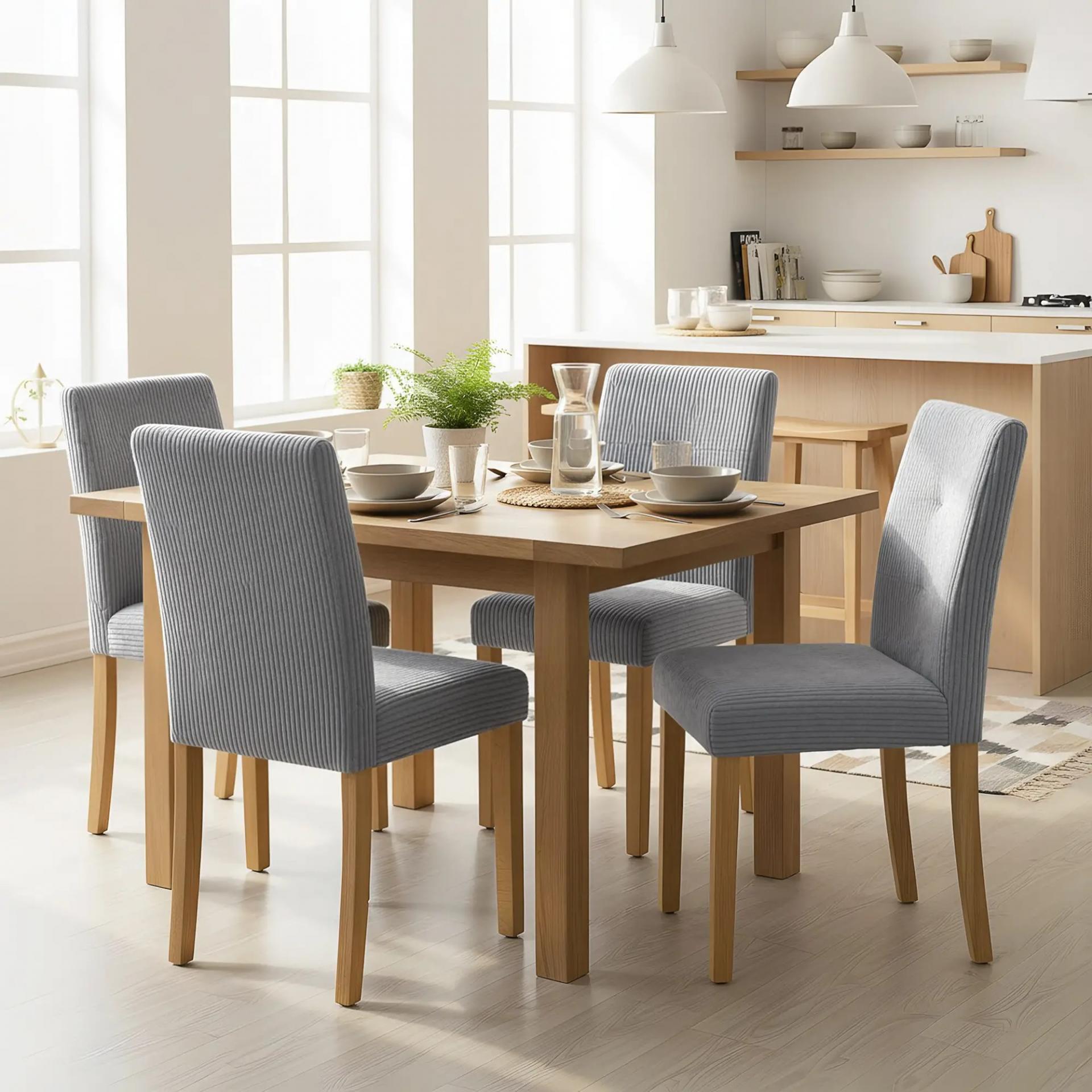 Pack de 4 Sillas de Comedor Respaldo Alto Tapizadas en Pana Asiento Acolchado Patas de Madera para Salón Gris